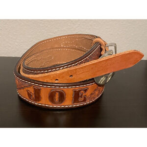 Vintage Hand Tooled Leather Belt Mens Size Large Joe Name Brown Western Cowboy